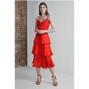 Marchesa Notte Tiered Lace Trim Midi Dress Size 0 Red Glam Holiday Event Wedding